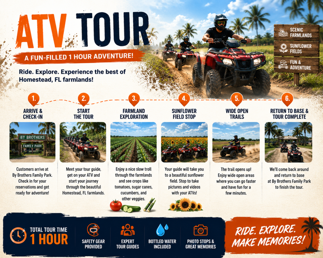 Promotional ATV tour poster with route map and tour highlights.