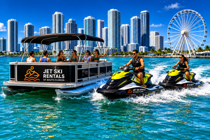 People on jet skis and a boat in front of city skyline and Ferris wheel.