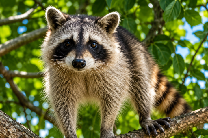 Raccoon standing on a tree branch surrounded by green leaves.