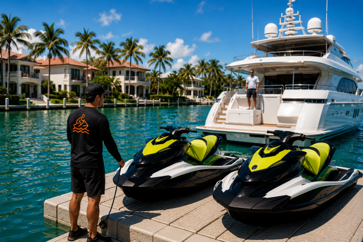 Two jet skis on a dock near a yacht and waterfront homes with palm trees.
