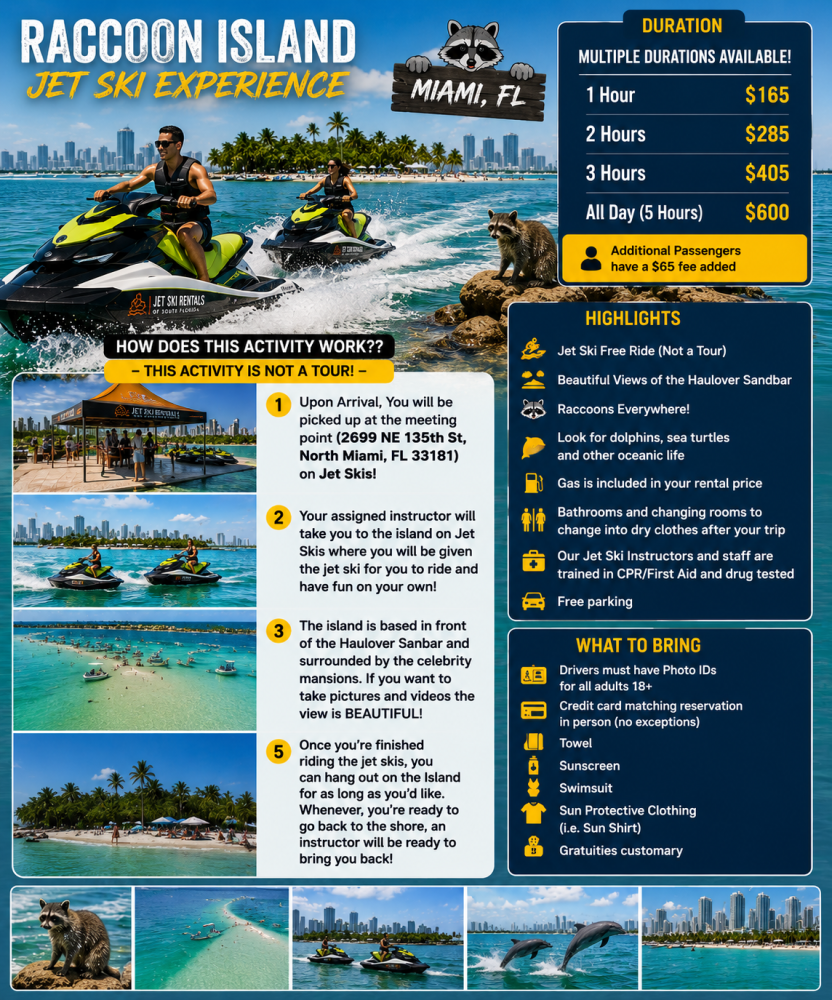 Brochure for Raccoon Island Jet Ski Experience in Miami with pricing, activities, and what to bring.