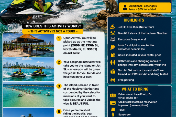 Brochure for Raccoon Island Jet Ski Experience in Miami with pricing, activities, and what to bring.