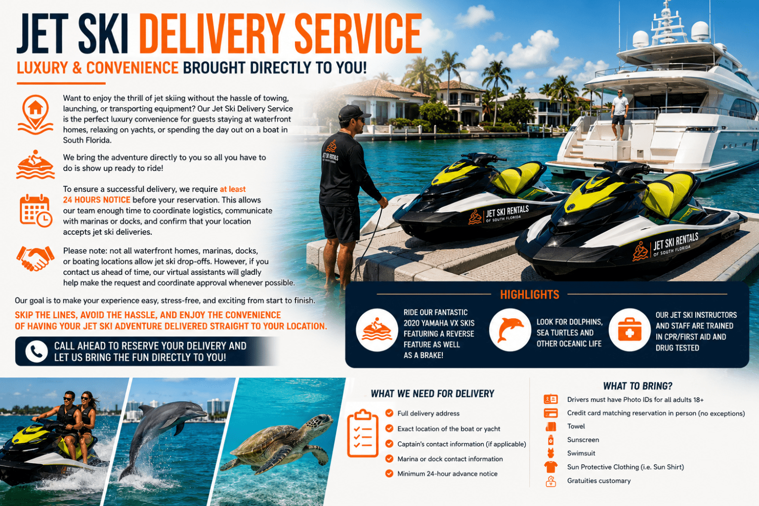 Promotional flyer for a jet ski delivery service with images of jet skis on water and service details.