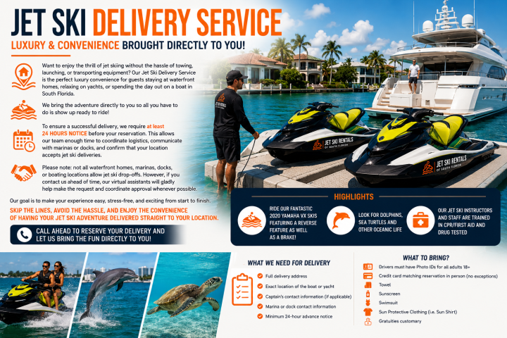 Promotional flyer for a jet ski delivery service with images of jet skis on water and service details.