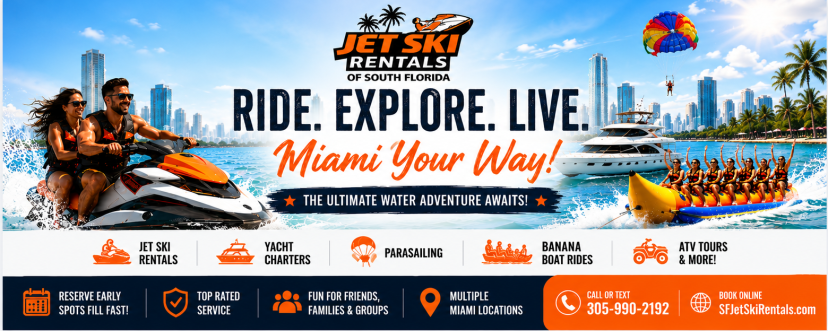 Ad for watersports in South Florida with jet skis, yacht, and parasailing.