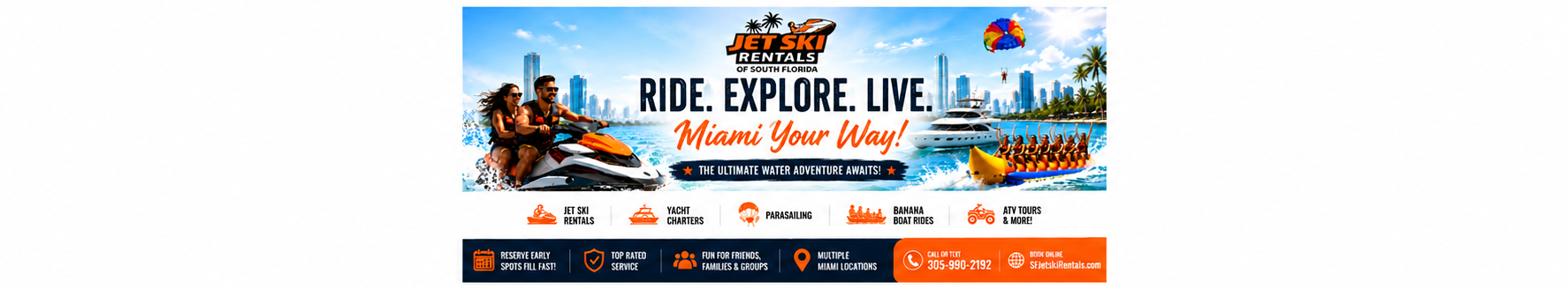 Jetski rental ad with people riding jet skis in Miami and contact info.