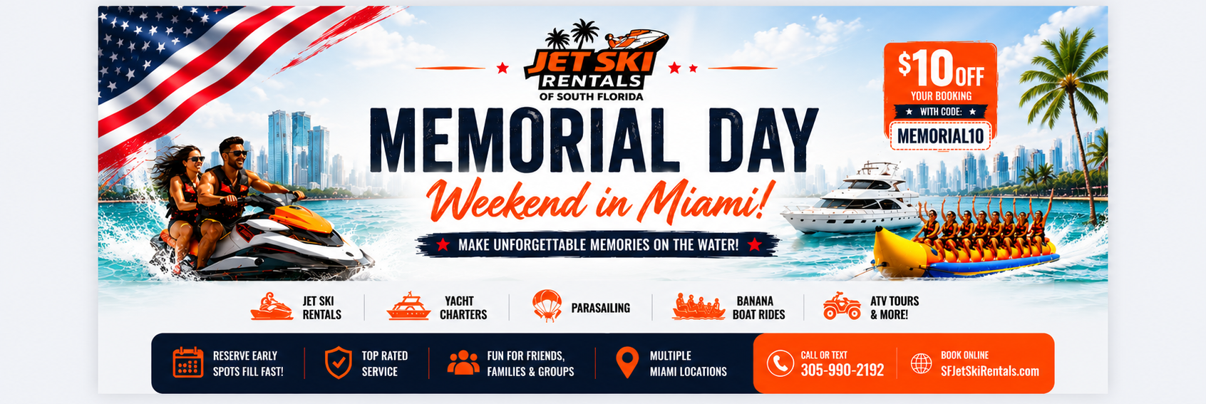 Memorial Day weekend jet ski rentals and water activities promotion in Miami by Jet Ski Rentals of South Florida