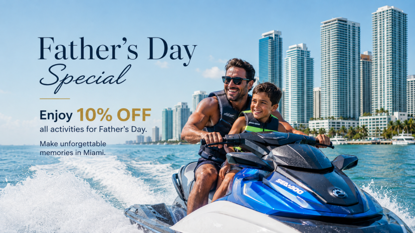 Father and son on a jet ski, city skyline in background, text about Father's Day special offer.