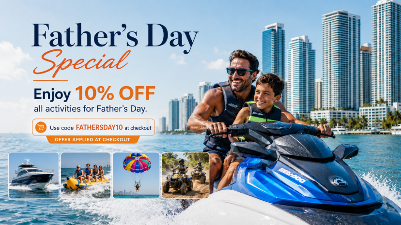 Father and child on a jet ski, with skyscrapers in the background, promoting Father's Day 10% off activities.