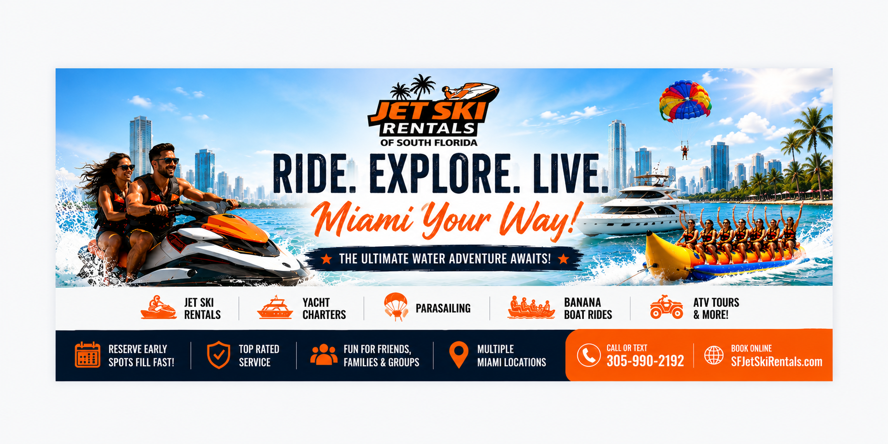 Ad for Jet Ski Rentals in Miami with images of jet ski, yacht, and banana boat.